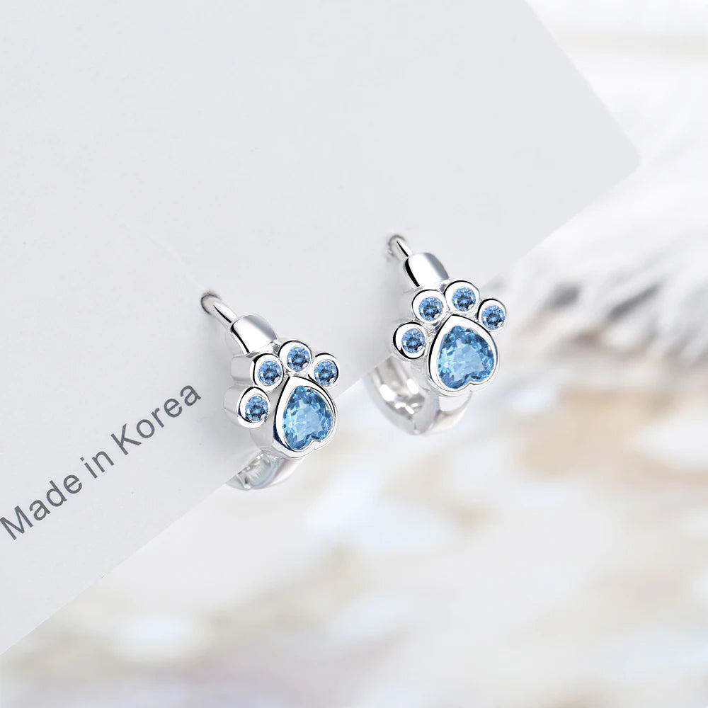 Simple Cute 925 Sterling SIlver Animal Cat Paw Mark Blue Mosaic Zircon Crystal Earrings For Women Promise Wedding Band Jewelry