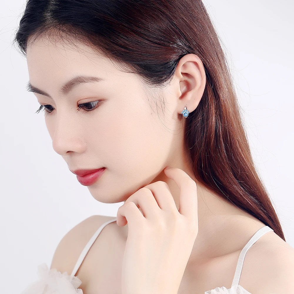 Simple Cute 925 Sterling SIlver Animal Cat Paw Mark Blue Mosaic Zircon Crystal Earrings For Women Promise Wedding Band Jewelry