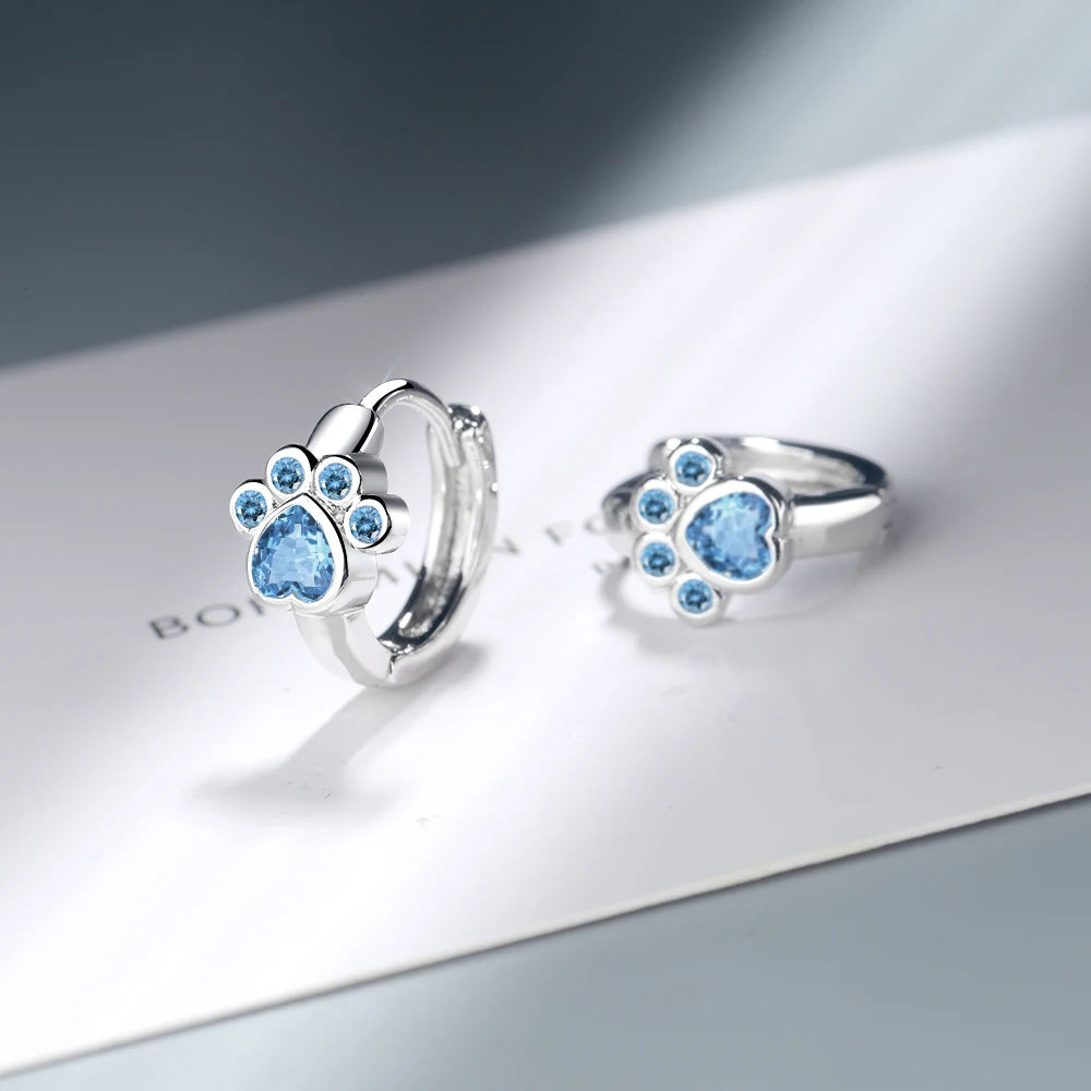 Simple Cute 925 Sterling SIlver Animal Cat Paw Mark Blue Mosaic Zircon Crystal Earrings For Women Promise Wedding Band Jewelry