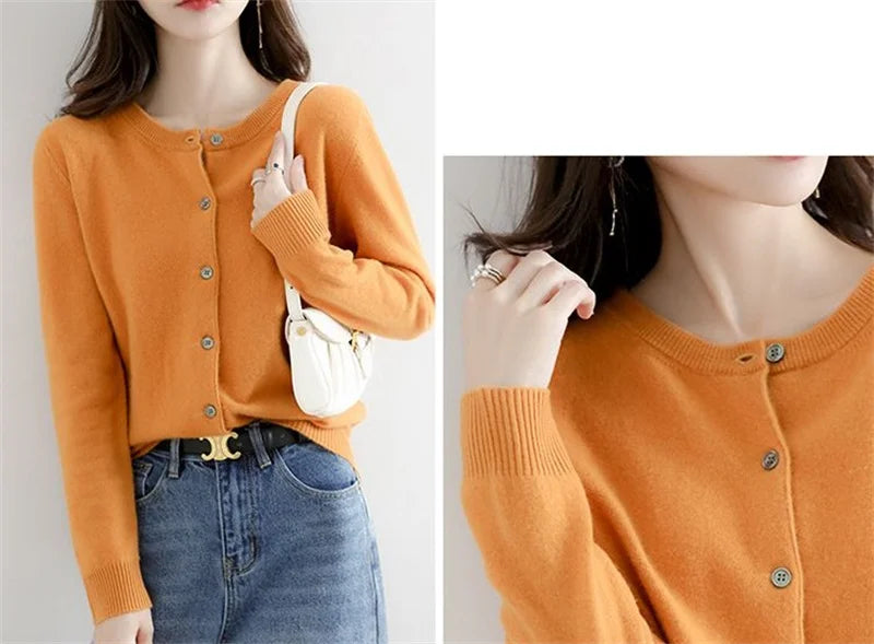 2024 Cashmere Sweater Cardigan Women Single Breasted Long Sleeve Elegant Vintage Jumper Solid Wool Knitted Autumn Winter Outwear