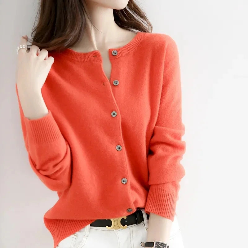 2024 Cashmere Sweater Cardigan Women Single Breasted Long Sleeve Elegant Vintage Jumper Solid Wool Knitted Autumn Winter Outwear