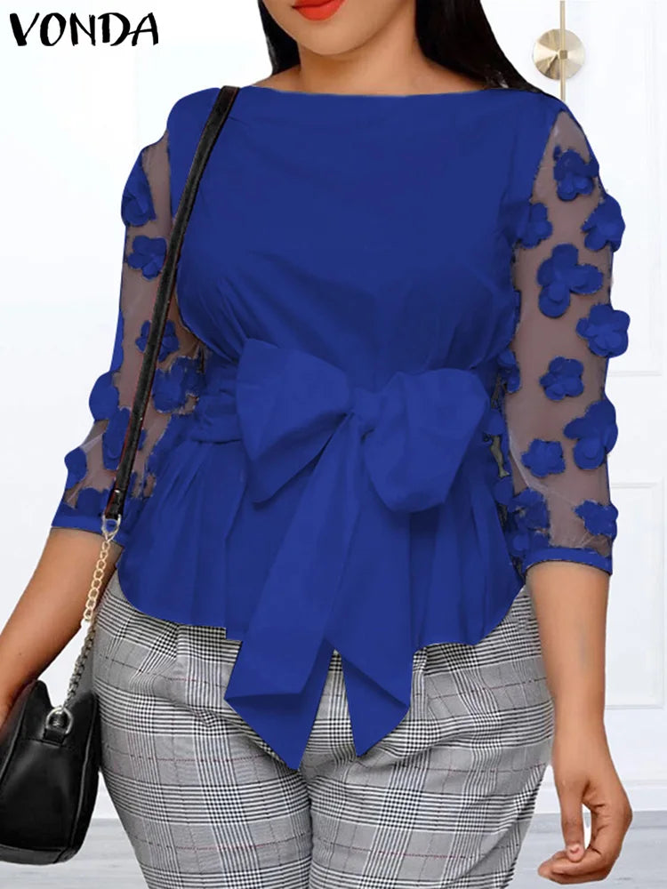 VONDA Bohemian Women Tops Mesh Patchwork Blouses Belted 2024 Summer Casual Three-dimensional Flowers Loose Shirt Oversize Blusas