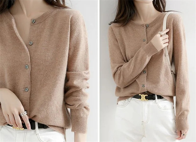 2024 Cashmere Sweater Cardigan Women Single Breasted Long Sleeve Elegant Vintage Jumper Solid Wool Knitted Autumn Winter Outwear