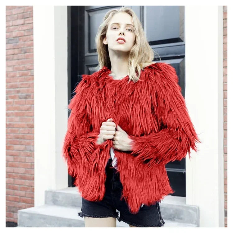 Women Faux Fur Coat Long Sleeve Covered Button Cardigan Thick Warm Fur Jackets Color Loose Casual Slim Y2k Round Neck Autumn