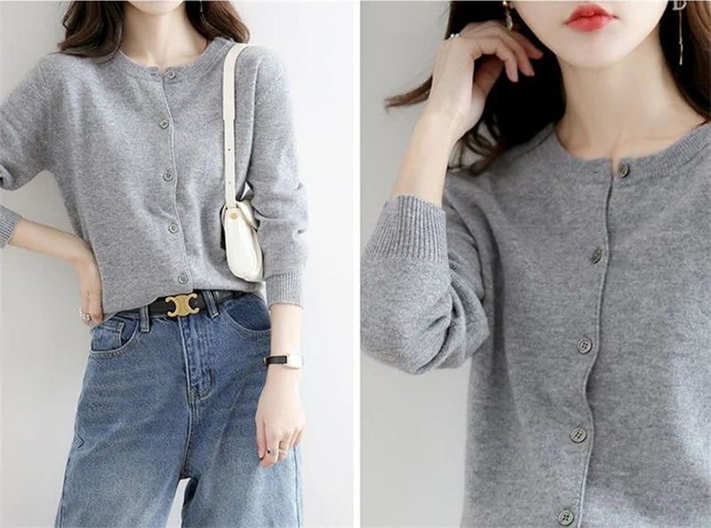 2024 Cashmere Sweater Cardigan Women Single Breasted Long Sleeve Elegant Vintage Jumper Solid Wool Knitted Autumn Winter Outwear