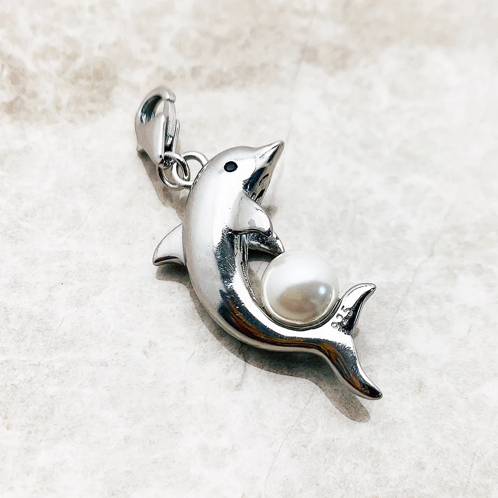 Dolphin With Pearl 925 Sterling Silver Dangle Charm Pendant Women Summer Fine Jewelry