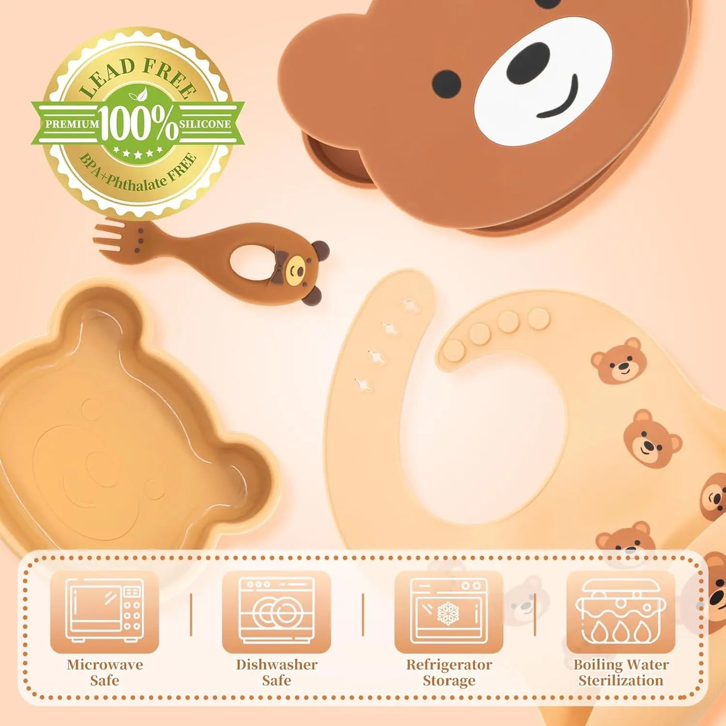 BPA Free Silicone Baby Feeding Set - Suction Bowl & Plate, Cup, Bib, Spoon & Fork, Toddler Tableware