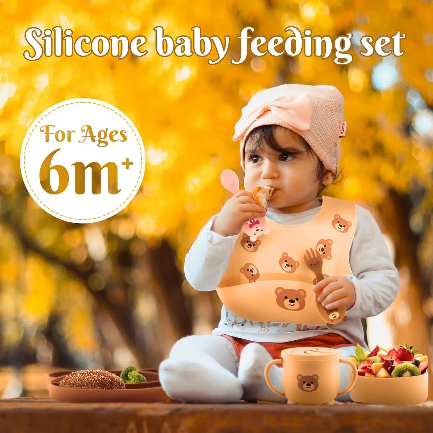 BPA Free Silicone Baby Feeding Set - Suction Bowl & Plate, Cup, Bib, Spoon & Fork, Toddler Tableware