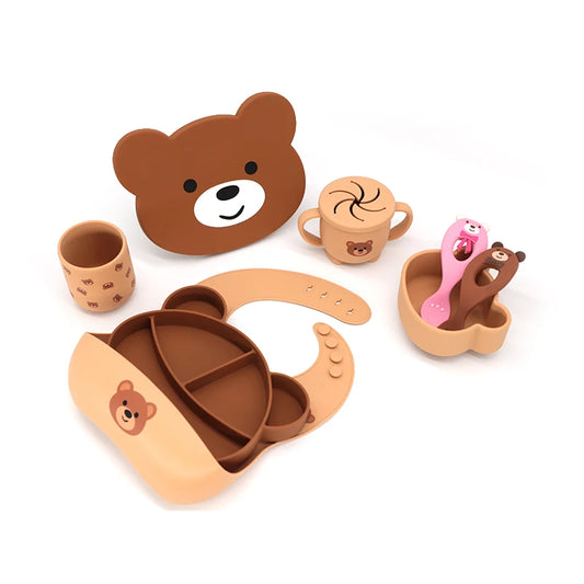 BPA Free Silicone Baby Feeding Set - Suction Bowl & Plate, Cup, Bib, Spoon & Fork, Toddler Tableware