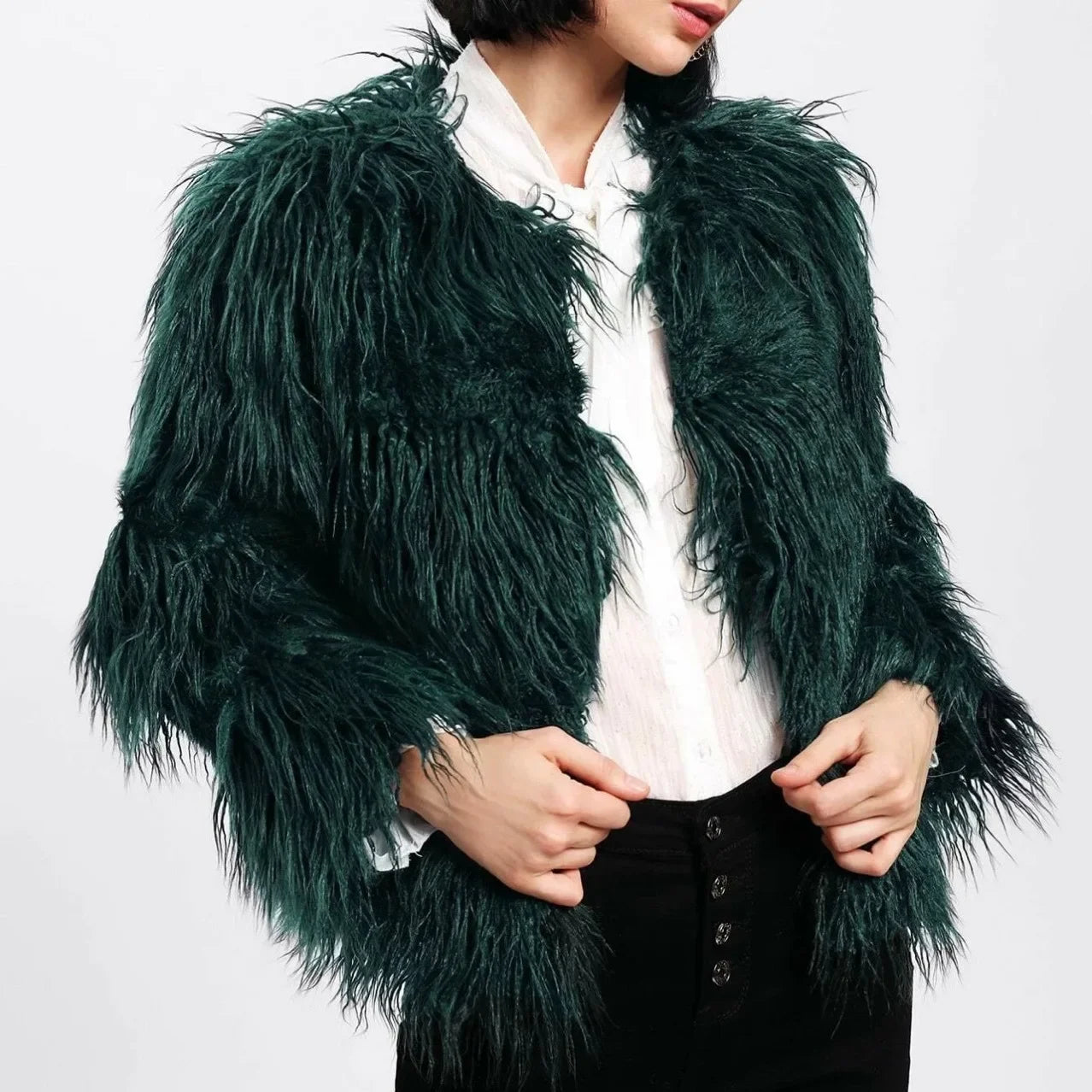 Women Faux Fur Coat Long Sleeve Covered Button Cardigan Thick Warm Fur Jackets Color Loose Casual Slim Y2k Round Neck Autumn