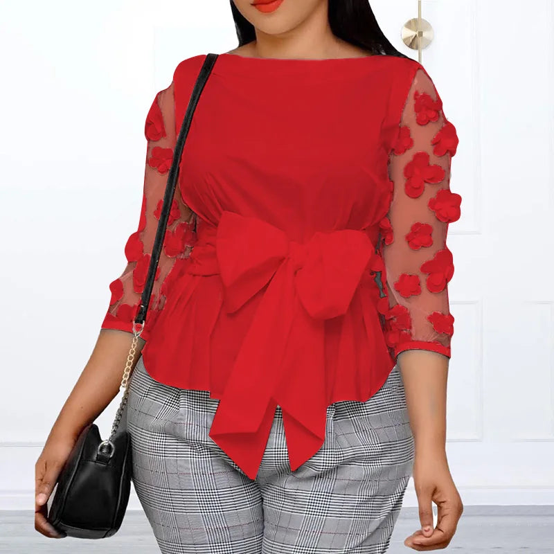 VONDA Bohemian Women Tops Mesh Patchwork Blouses Belted 2024 Summer Casual Three-dimensional Flowers Loose Shirt Oversize Blusas