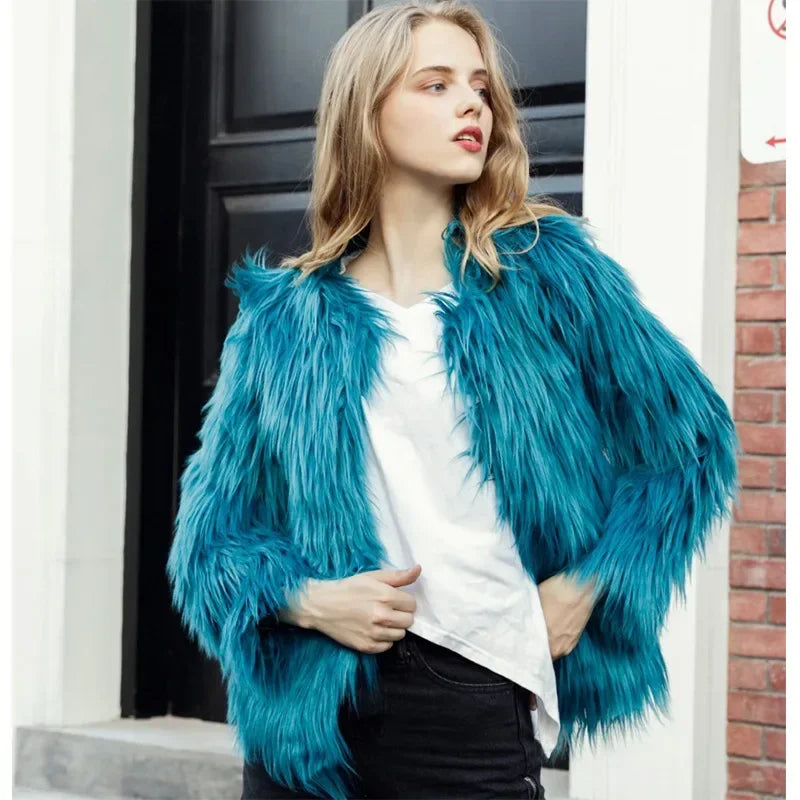 Women Faux Fur Coat Long Sleeve Covered Button Cardigan Thick Warm Fur Jackets Color Loose Casual Slim Y2k Round Neck Autumn