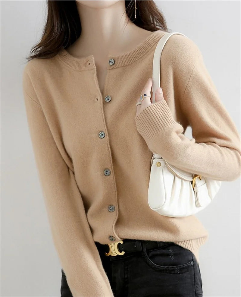 2024 Cashmere Sweater Cardigan Women Single Breasted Long Sleeve Elegant Vintage Jumper Solid Wool Knitted Autumn Winter Outwear
