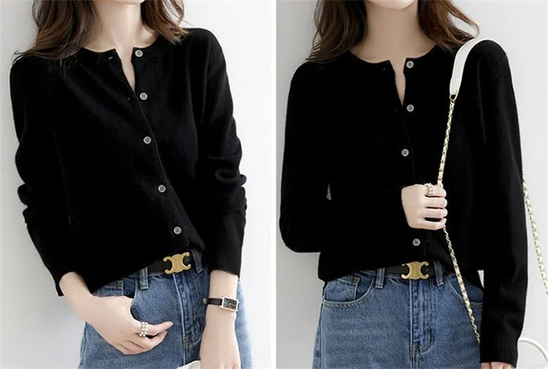 2024 Cashmere Sweater Cardigan Women Single Breasted Long Sleeve Elegant Vintage Jumper Solid Wool Knitted Autumn Winter Outwear