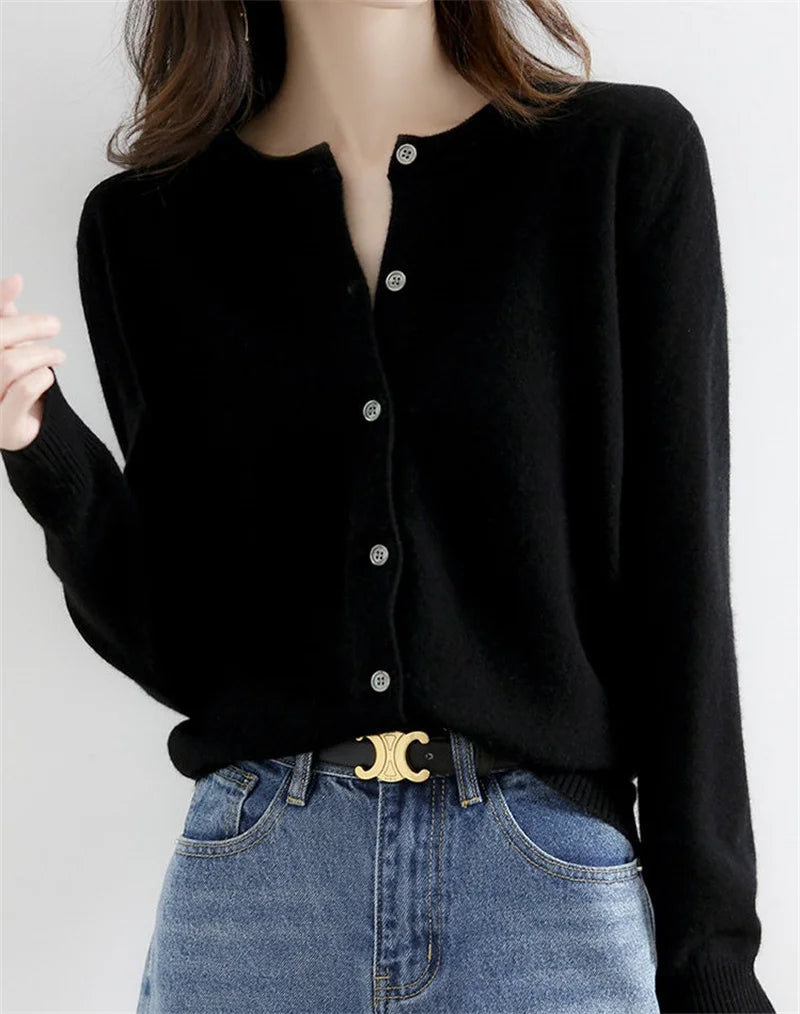 2024 Cashmere Sweater Cardigan Women Single Breasted Long Sleeve Elegant Vintage Jumper Solid Wool Knitted Autumn Winter Outwear