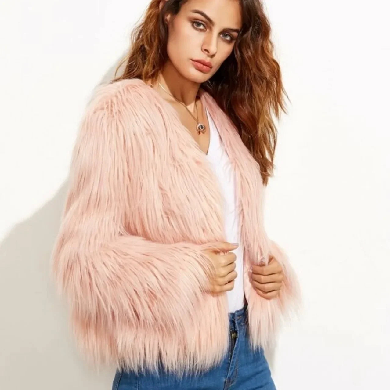 Women Faux Fur Coat Long Sleeve Covered Button Cardigan Thick Warm Fur Jackets Color Loose Casual Slim Y2k Round Neck Autumn