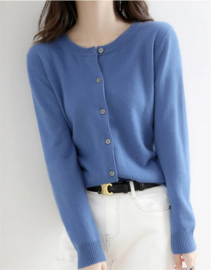 2024 Cashmere Sweater Cardigan Women Single Breasted Long Sleeve Elegant Vintage Jumper Solid Wool Knitted Autumn Winter Outwear