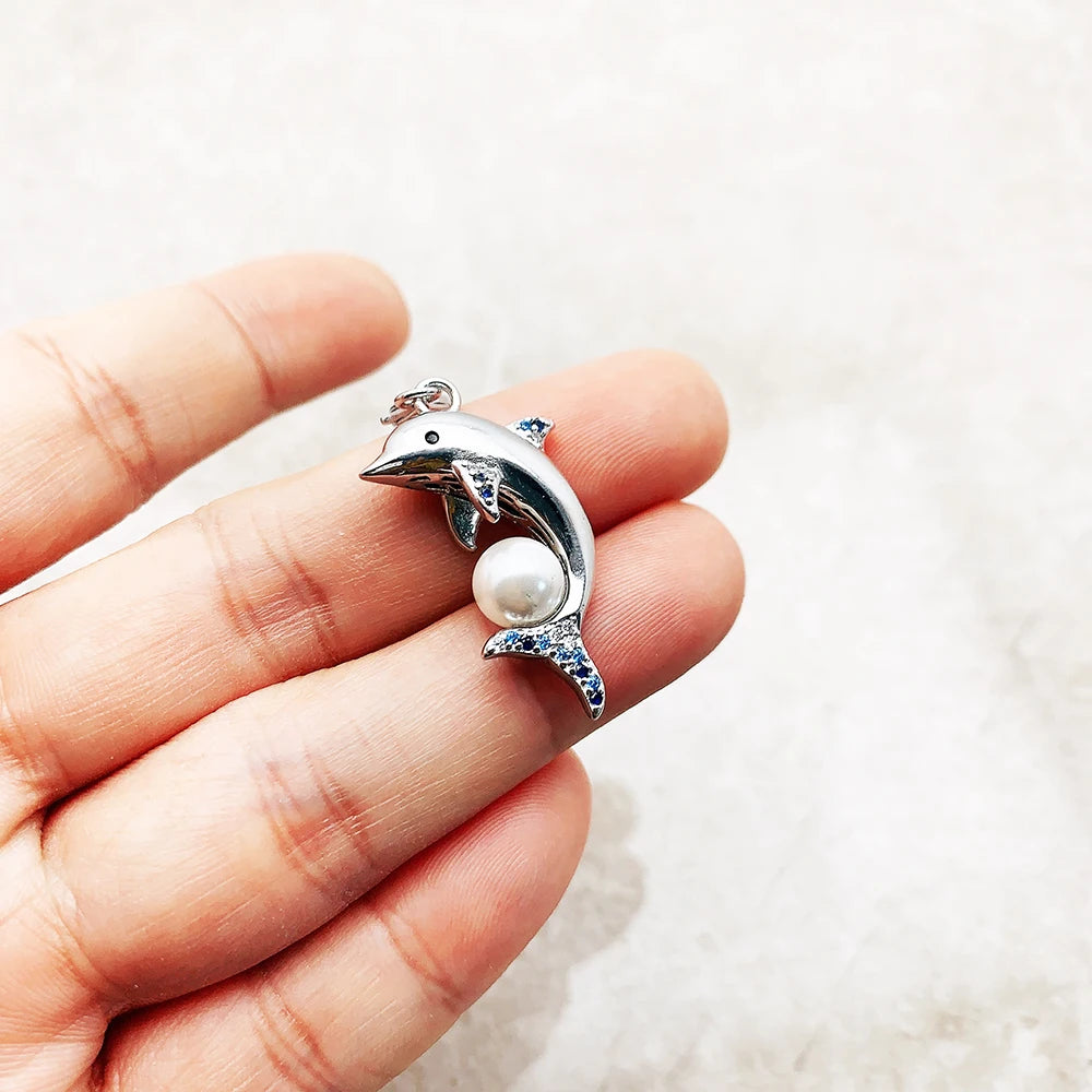 Dolphin With Pearl 925 Sterling Silver Dangle Charm Pendant Women Summer Fine Jewelry