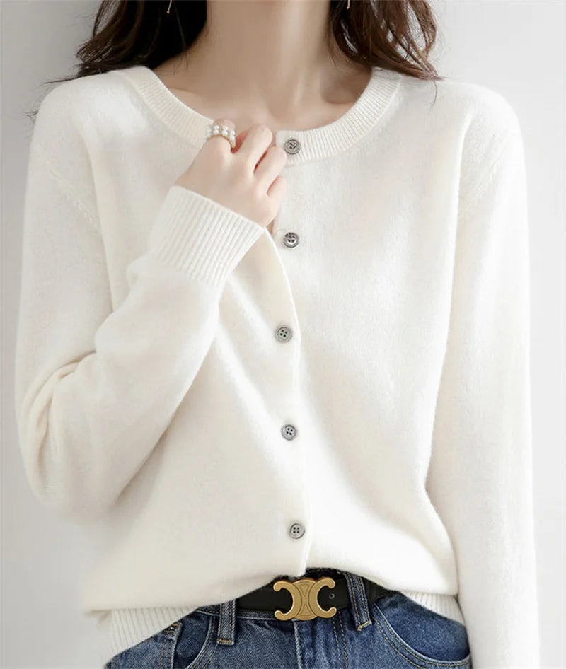 2024 Cashmere Sweater Cardigan Women Single Breasted Long Sleeve Elegant Vintage Jumper Solid Wool Knitted Autumn Winter Outwear