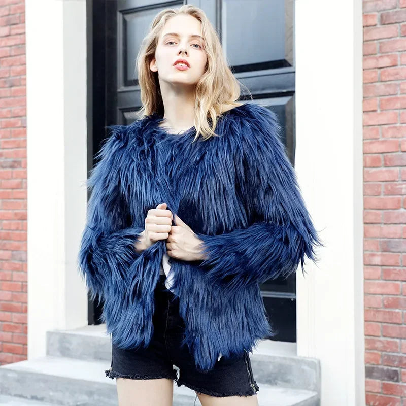 Women Faux Fur Coat Long Sleeve Covered Button Cardigan Thick Warm Fur Jackets Color Loose Casual Slim Y2k Round Neck Autumn