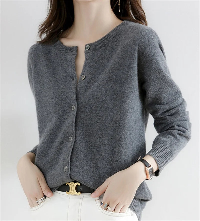 2024 Cashmere Sweater Cardigan Women Single Breasted Long Sleeve Elegant Vintage Jumper Solid Wool Knitted Autumn Winter Outwear
