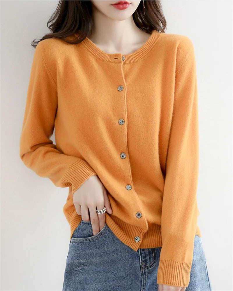 2024 Cashmere Sweater Cardigan Women Single Breasted Long Sleeve Elegant Vintage Jumper Solid Wool Knitted Autumn Winter Outwear