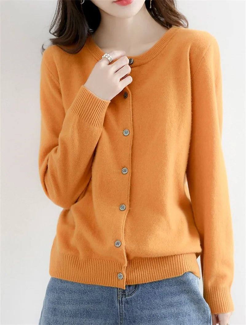2024 Cashmere Sweater Cardigan Women Single Breasted Long Sleeve Elegant Vintage Jumper Solid Wool Knitted Autumn Winter Outwear