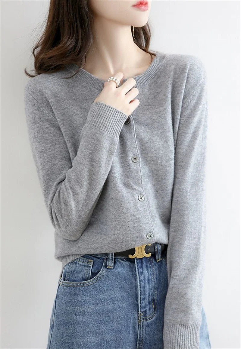 2024 Cashmere Sweater Cardigan Women Single Breasted Long Sleeve Elegant Vintage Jumper Solid Wool Knitted Autumn Winter Outwear