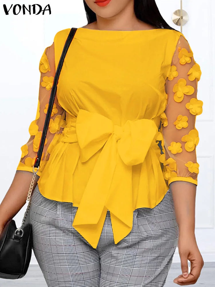 VONDA Bohemian Women Tops Mesh Patchwork Blouses Belted 2024 Summer Casual Three-dimensional Flowers Loose Shirt Oversize Blusas