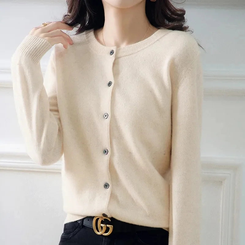 2024 Cashmere Sweater Cardigan Women Single Breasted Long Sleeve Elegant Vintage Jumper Solid Wool Knitted Autumn Winter Outwear