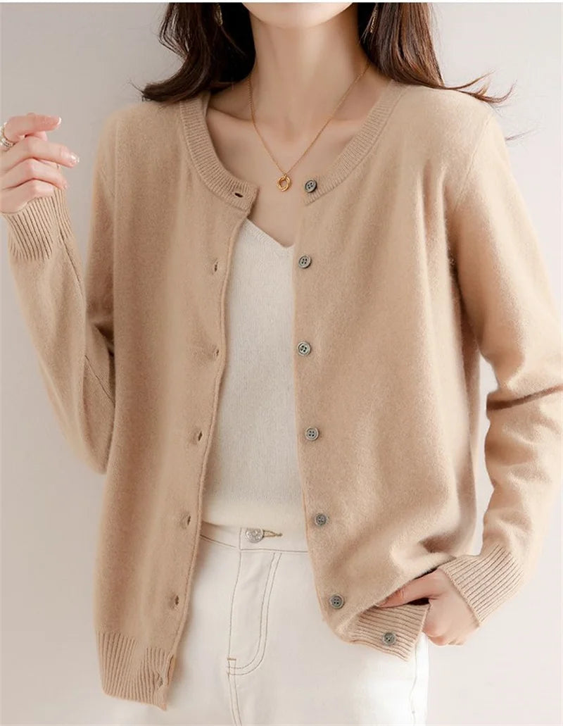 2024 Cashmere Sweater Cardigan Women Single Breasted Long Sleeve Elegant Vintage Jumper Solid Wool Knitted Autumn Winter Outwear