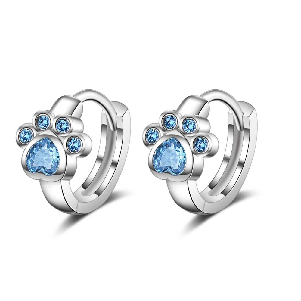 Simple Cute 925 Sterling SIlver Animal Cat Paw Mark Blue Mosaic Zircon Crystal Earrings For Women Promise Wedding Band Jewelry