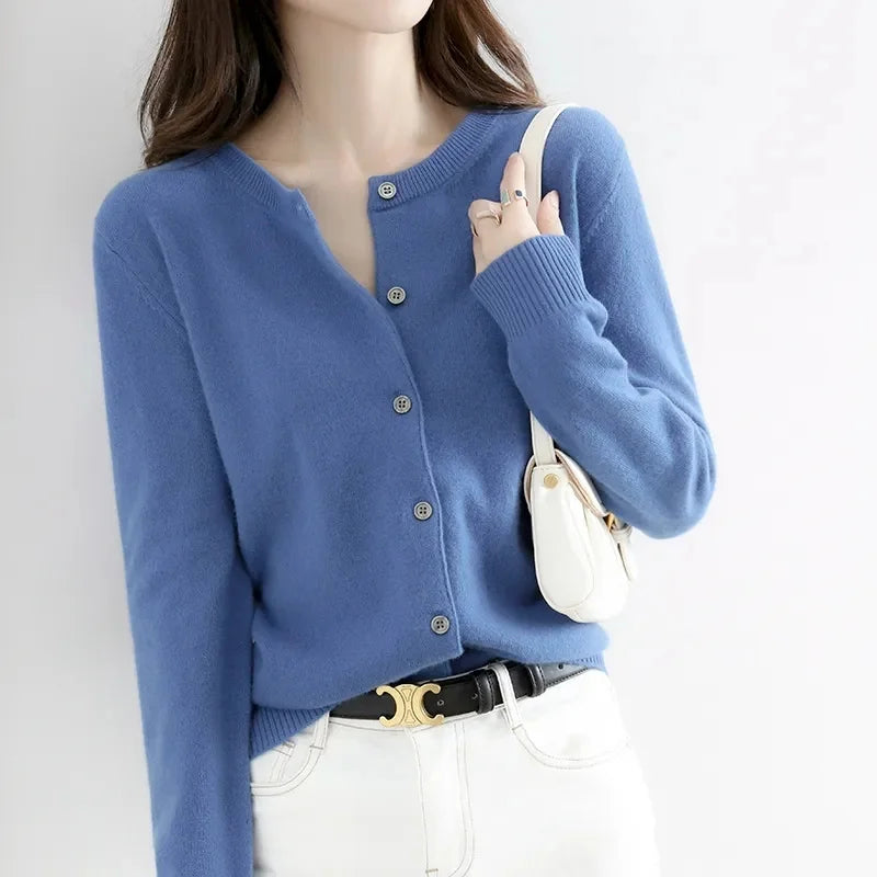 2024 Cashmere Sweater Cardigan Women Single Breasted Long Sleeve Elegant Vintage Jumper Solid Wool Knitted Autumn Winter Outwear
