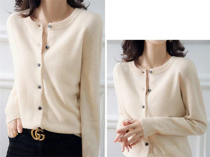 2024 Cashmere Sweater Cardigan Women Single Breasted Long Sleeve Elegant Vintage Jumper Solid Wool Knitted Autumn Winter Outwear