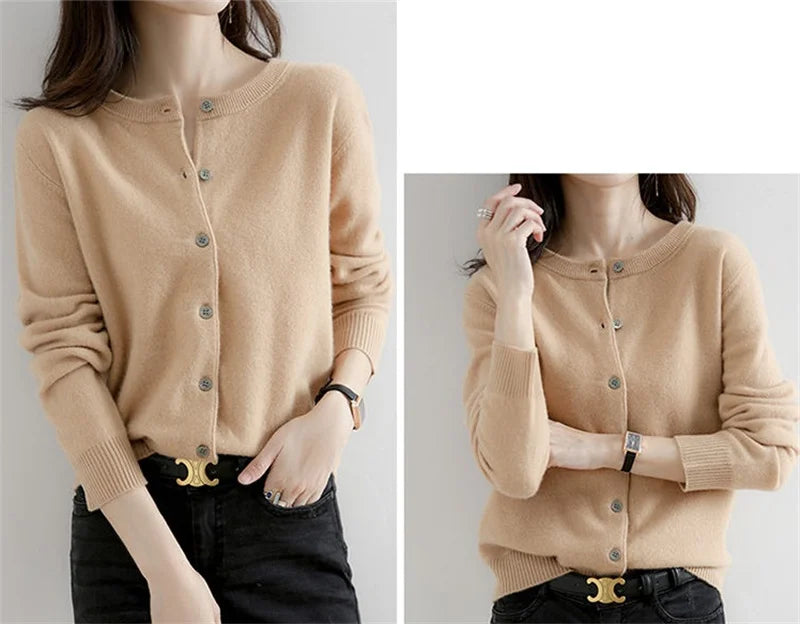 2024 Cashmere Sweater Cardigan Women Single Breasted Long Sleeve Elegant Vintage Jumper Solid Wool Knitted Autumn Winter Outwear