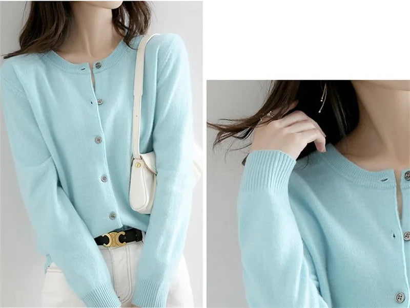 2024 Cashmere Sweater Cardigan Women Single Breasted Long Sleeve Elegant Vintage Jumper Solid Wool Knitted Autumn Winter Outwear