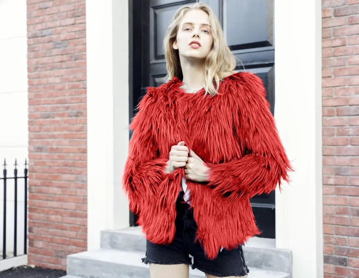 Women Faux Fur Coat Long Sleeve Covered Button Cardigan Thick Warm Fur Jackets Color Loose Casual Slim Y2k Round Neck Autumn