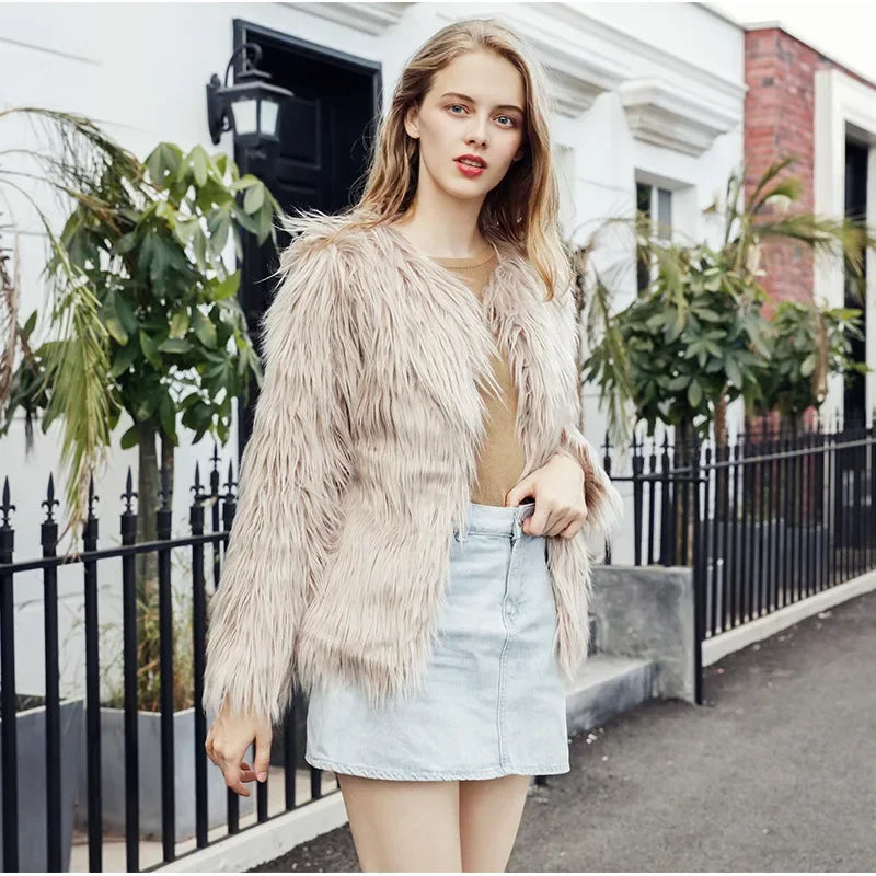 Women Faux Fur Coat Long Sleeve Covered Button Cardigan Thick Warm Fur Jackets Color Loose Casual Slim Y2k Round Neck Autumn