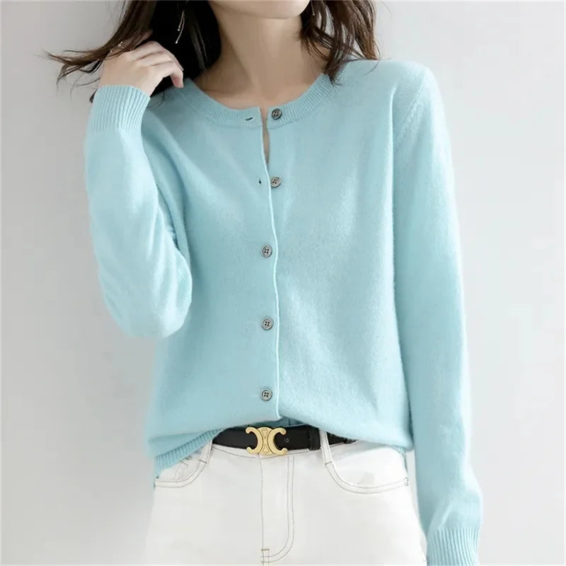 2024 Cashmere Sweater Cardigan Women Single Breasted Long Sleeve Elegant Vintage Jumper Solid Wool Knitted Autumn Winter Outwear