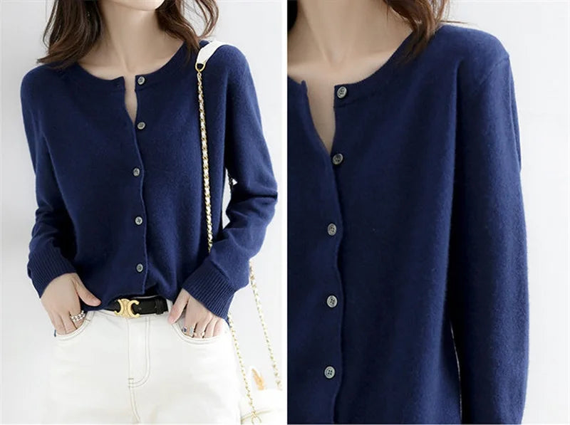 2024 Cashmere Sweater Cardigan Women Single Breasted Long Sleeve Elegant Vintage Jumper Solid Wool Knitted Autumn Winter Outwear