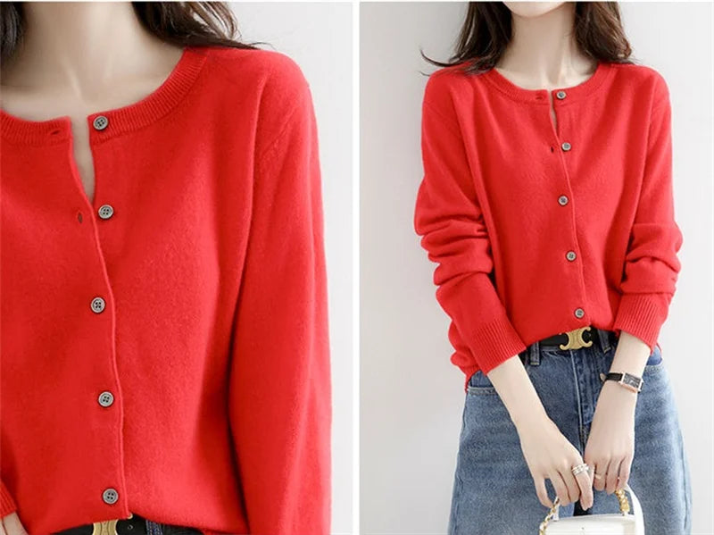 2024 Cashmere Sweater Cardigan Women Single Breasted Long Sleeve Elegant Vintage Jumper Solid Wool Knitted Autumn Winter Outwear