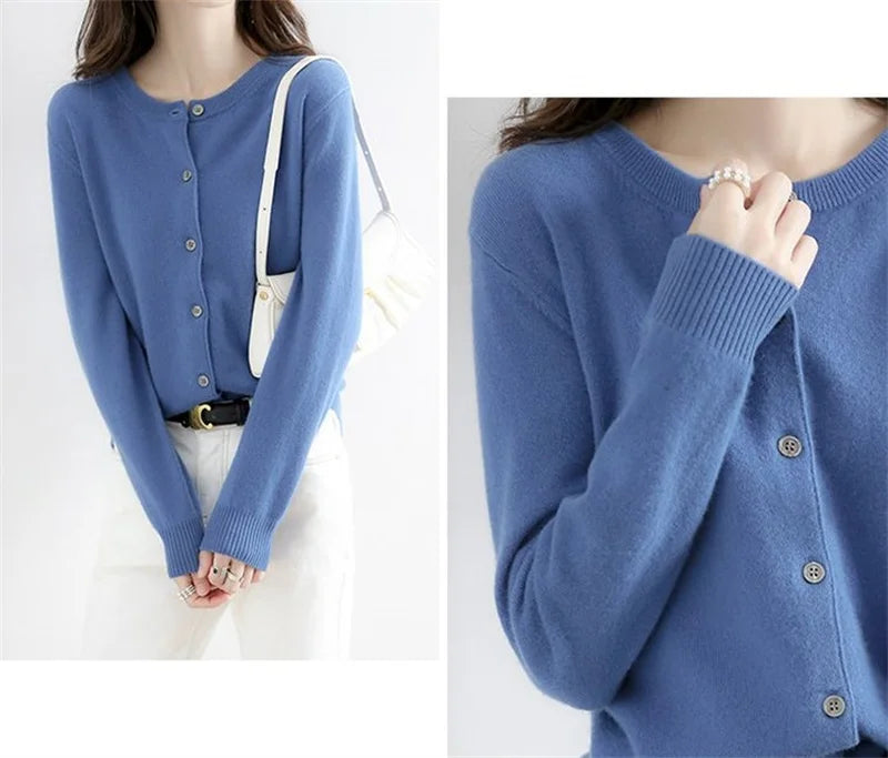 2024 Cashmere Sweater Cardigan Women Single Breasted Long Sleeve Elegant Vintage Jumper Solid Wool Knitted Autumn Winter Outwear