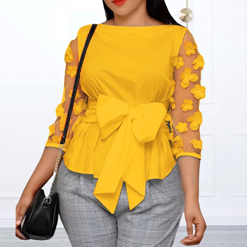 VONDA Bohemian Women Tops Mesh Patchwork Blouses Belted 2024 Summer Casual Three-dimensional Flowers Loose Shirt Oversize Blusas