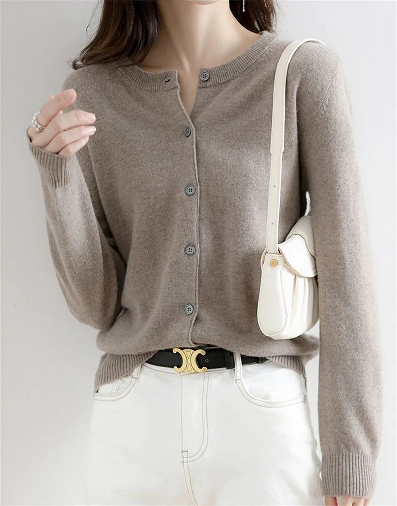 2024 Cashmere Sweater Cardigan Women Single Breasted Long Sleeve Elegant Vintage Jumper Solid Wool Knitted Autumn Winter Outwear