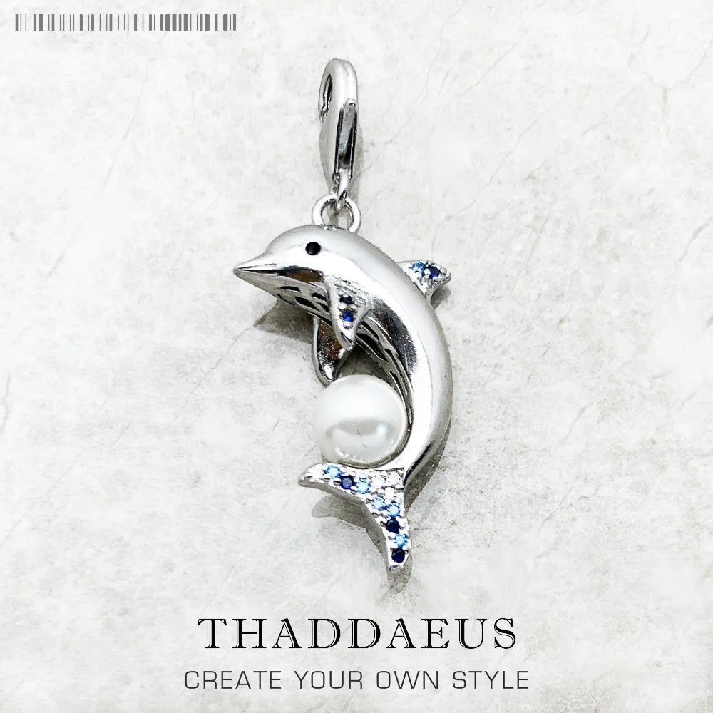 Dolphin With Pearl 925 Sterling Silver Dangle Charm Pendant Women Summer Fine Jewelry