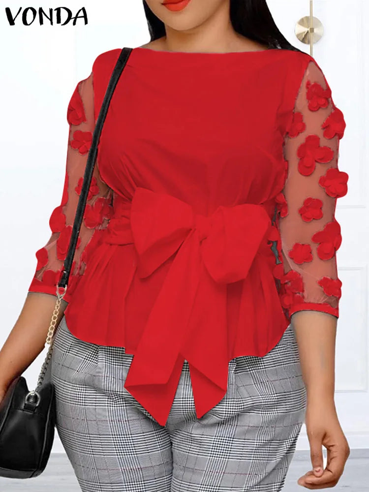 VONDA Bohemian Women Tops Mesh Patchwork Blouses Belted 2024 Summer Casual Three-dimensional Flowers Loose Shirt Oversize Blusas