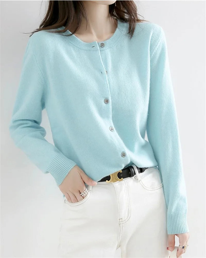 2024 Cashmere Sweater Cardigan Women Single Breasted Long Sleeve Elegant Vintage Jumper Solid Wool Knitted Autumn Winter Outwear