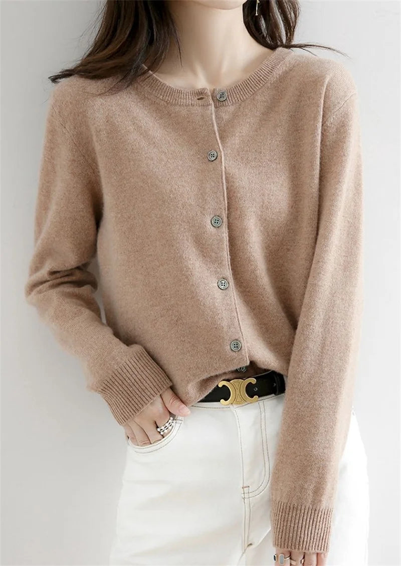 2024 Cashmere Sweater Cardigan Women Single Breasted Long Sleeve Elegant Vintage Jumper Solid Wool Knitted Autumn Winter Outwear