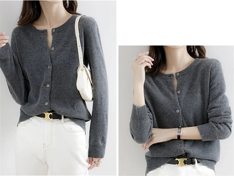 2024 Cashmere Sweater Cardigan Women Single Breasted Long Sleeve Elegant Vintage Jumper Solid Wool Knitted Autumn Winter Outwear