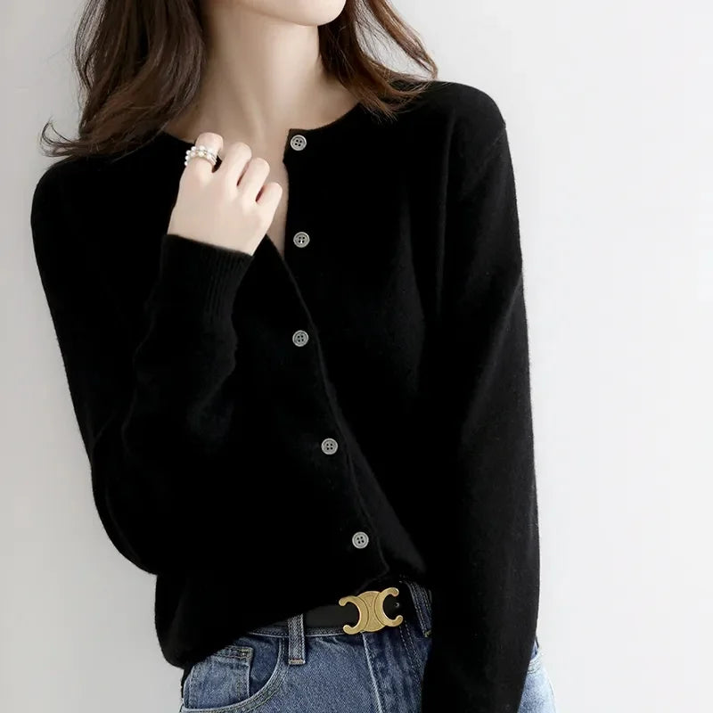 2024 Cashmere Sweater Cardigan Women Single Breasted Long Sleeve Elegant Vintage Jumper Solid Wool Knitted Autumn Winter Outwear